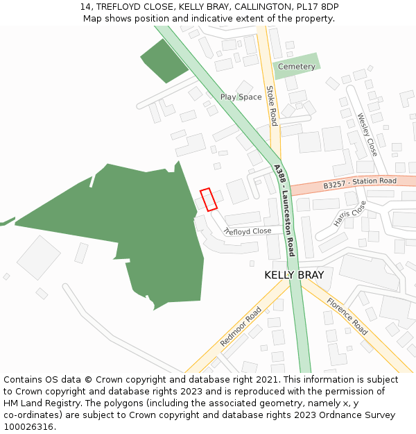 14, TREFLOYD CLOSE, KELLY BRAY, CALLINGTON, PL17 8DP: Location map and indicative extent of plot