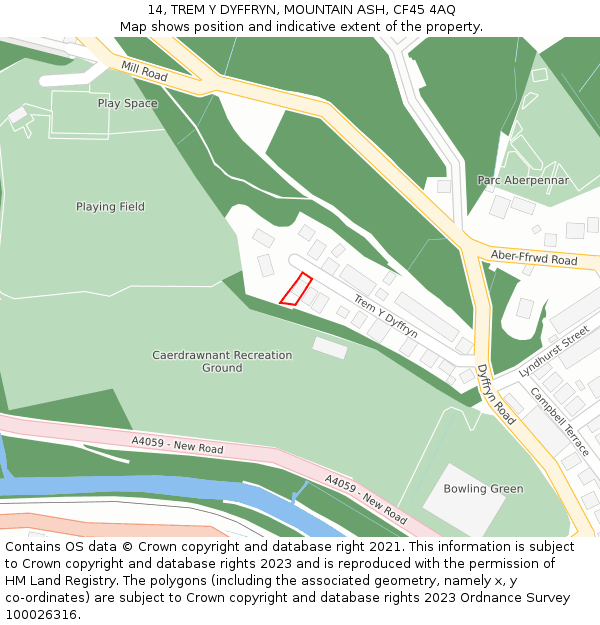 14, TREM Y DYFFRYN, MOUNTAIN ASH, CF45 4AQ: Location map and indicative extent of plot