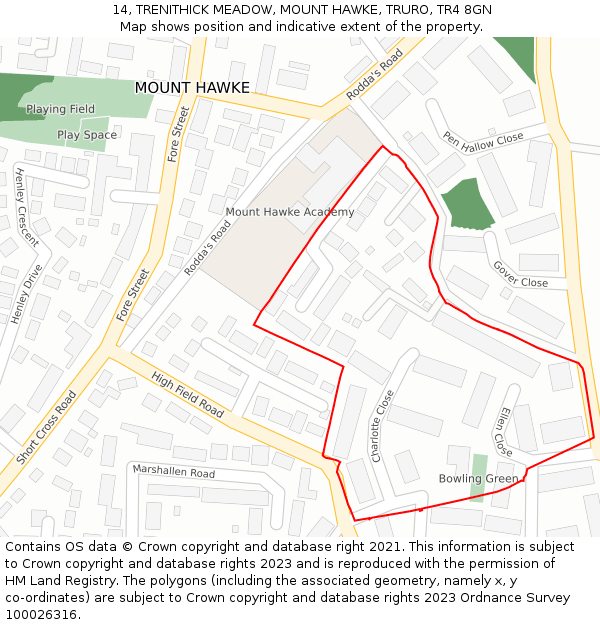 14, TRENITHICK MEADOW, MOUNT HAWKE, TRURO, TR4 8GN: Location map and indicative extent of plot