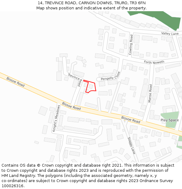 14, TREVINCE ROAD, CARNON DOWNS, TRURO, TR3 6FN: Location map and indicative extent of plot