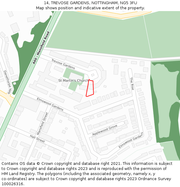 14, TREVOSE GARDENS, NOTTINGHAM, NG5 3FU: Location map and indicative extent of plot