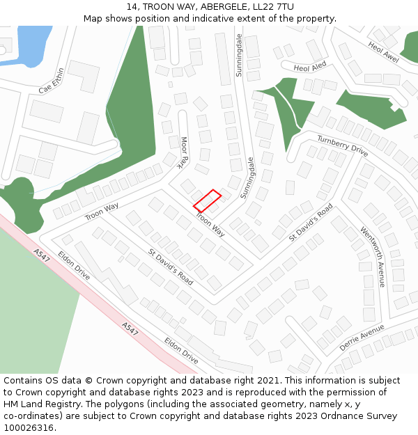 14, TROON WAY, ABERGELE, LL22 7TU: Location map and indicative extent of plot