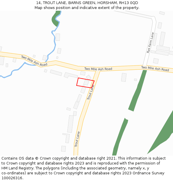 14, TROUT LANE, BARNS GREEN, HORSHAM, RH13 0QD: Location map and indicative extent of plot