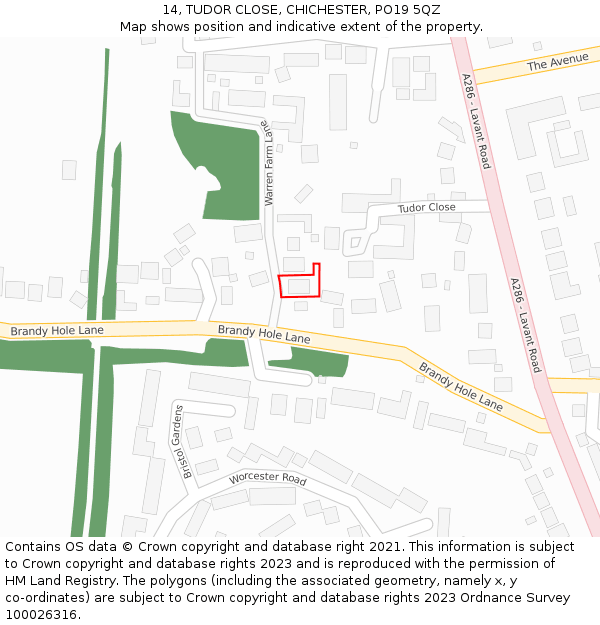 14, TUDOR CLOSE, CHICHESTER, PO19 5QZ: Location map and indicative extent of plot