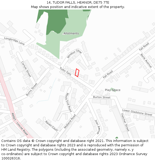 14, TUDOR FALLS, HEANOR, DE75 7TE: Location map and indicative extent of plot