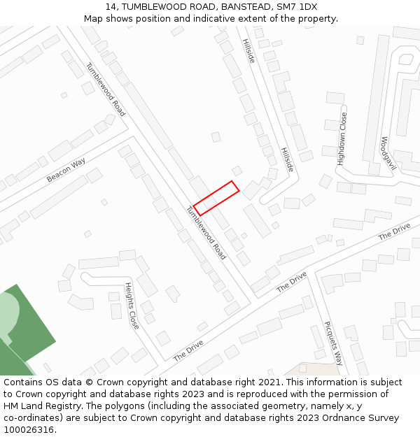 14, TUMBLEWOOD ROAD, BANSTEAD, SM7 1DX: Location map and indicative extent of plot