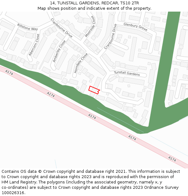 14, TUNSTALL GARDENS, REDCAR, TS10 2TR: Location map and indicative extent of plot