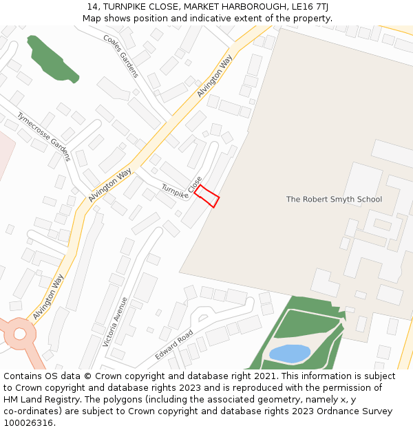 14, TURNPIKE CLOSE, MARKET HARBOROUGH, LE16 7TJ: Location map and indicative extent of plot