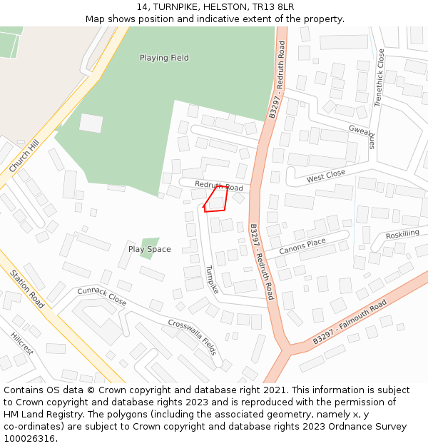 14, TURNPIKE, HELSTON, TR13 8LR: Location map and indicative extent of plot