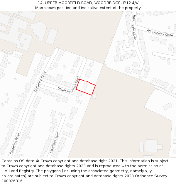 14, UPPER MOORFIELD ROAD, WOODBRIDGE, IP12 4JW: Location map and indicative extent of plot