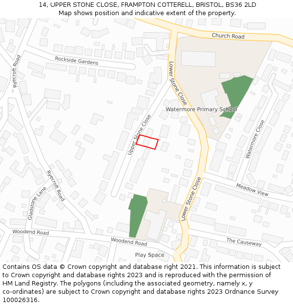 14, UPPER STONE CLOSE, FRAMPTON COTTERELL, BRISTOL, BS36 2LD: Location map and indicative extent of plot