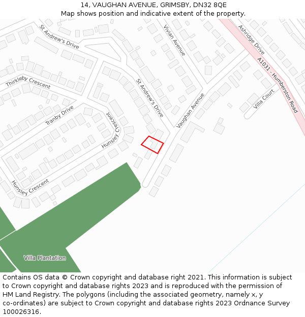 14, VAUGHAN AVENUE, GRIMSBY, DN32 8QE: Location map and indicative extent of plot