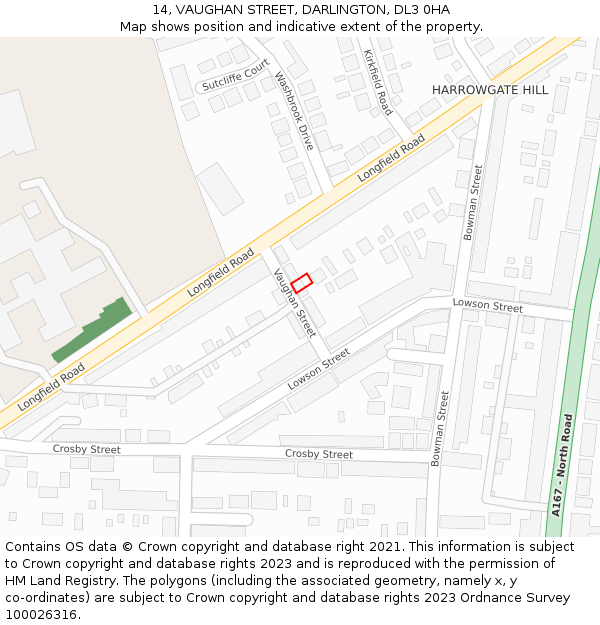 14, VAUGHAN STREET, DARLINGTON, DL3 0HA: Location map and indicative extent of plot