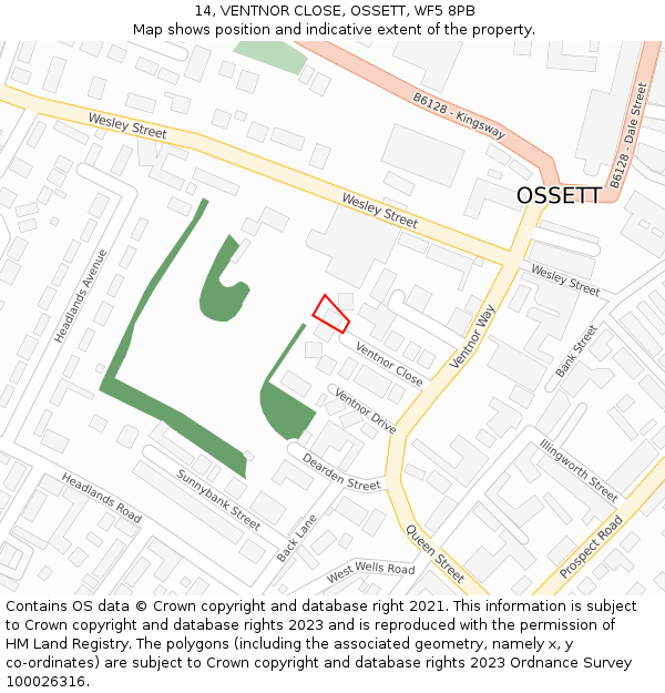 14, VENTNOR CLOSE, OSSETT, WF5 8PB: Location map and indicative extent of plot