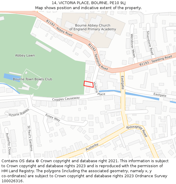 14, VICTORIA PLACE, BOURNE, PE10 9LJ: Location map and indicative extent of plot