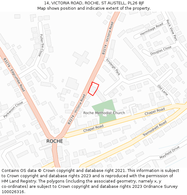 14, VICTORIA ROAD, ROCHE, ST AUSTELL, PL26 8JF: Location map and indicative extent of plot