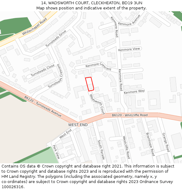 14, WADSWORTH COURT, CLECKHEATON, BD19 3UN: Location map and indicative extent of plot