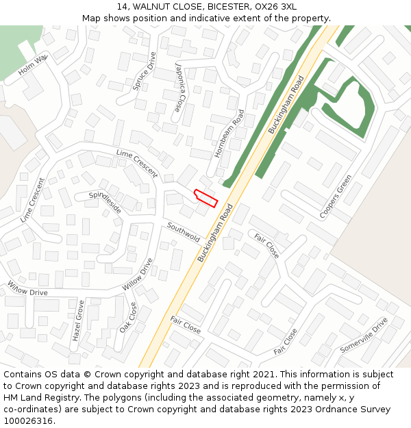 14, WALNUT CLOSE, BICESTER, OX26 3XL: Location map and indicative extent of plot