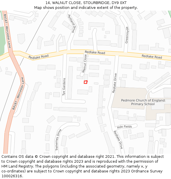 14, WALNUT CLOSE, STOURBRIDGE, DY9 0XT: Location map and indicative extent of plot