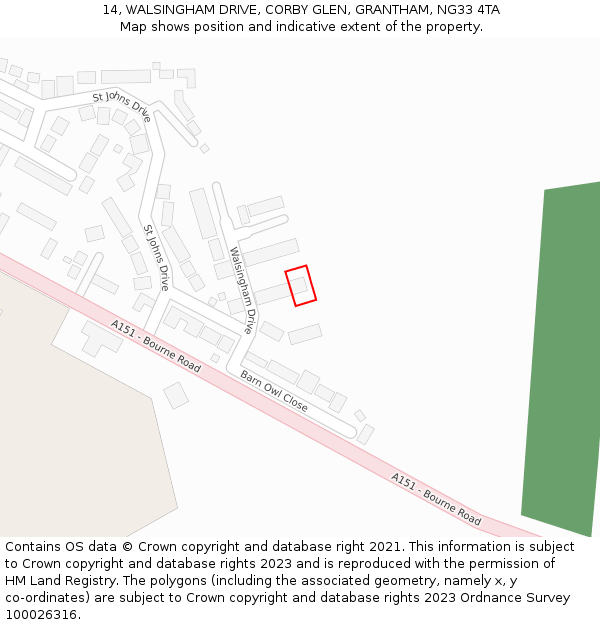 14, WALSINGHAM DRIVE, CORBY GLEN, GRANTHAM, NG33 4TA: Location map and indicative extent of plot