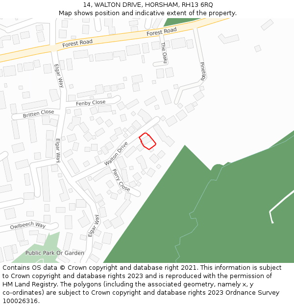 14, WALTON DRIVE, HORSHAM, RH13 6RQ: Location map and indicative extent of plot