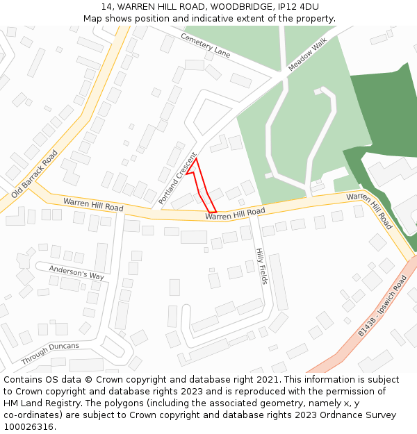 14, WARREN HILL ROAD, WOODBRIDGE, IP12 4DU: Location map and indicative extent of plot