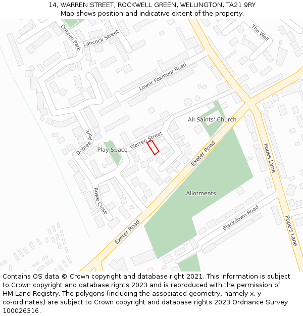 14, WARREN STREET, ROCKWELL GREEN, WELLINGTON, TA21 9RY: Location map and indicative extent of plot