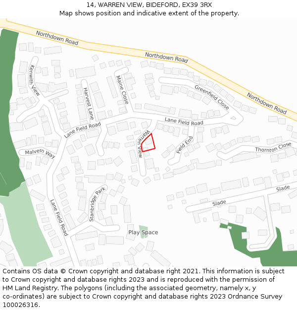 14, WARREN VIEW, BIDEFORD, EX39 3RX: Location map and indicative extent of plot