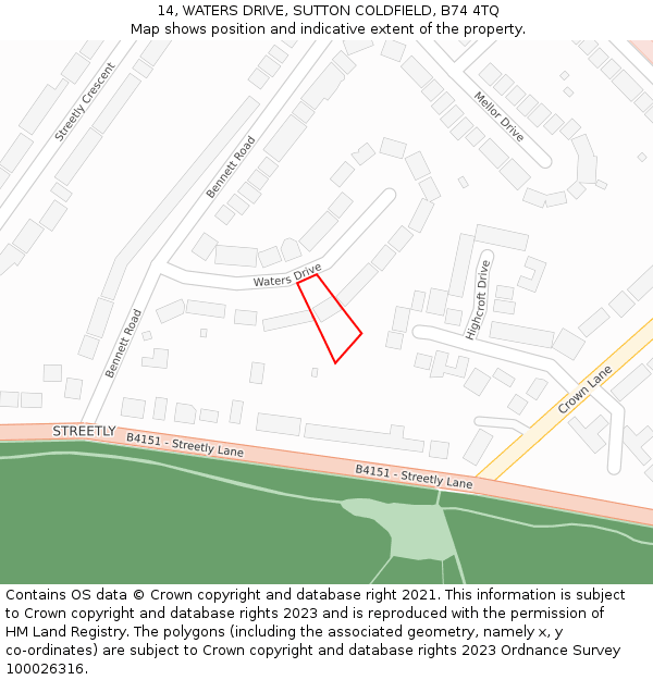 14, WATERS DRIVE, SUTTON COLDFIELD, B74 4TQ: Location map and indicative extent of plot