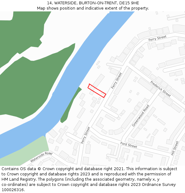 14, WATERSIDE, BURTON-ON-TRENT, DE15 9HE: Location map and indicative extent of plot