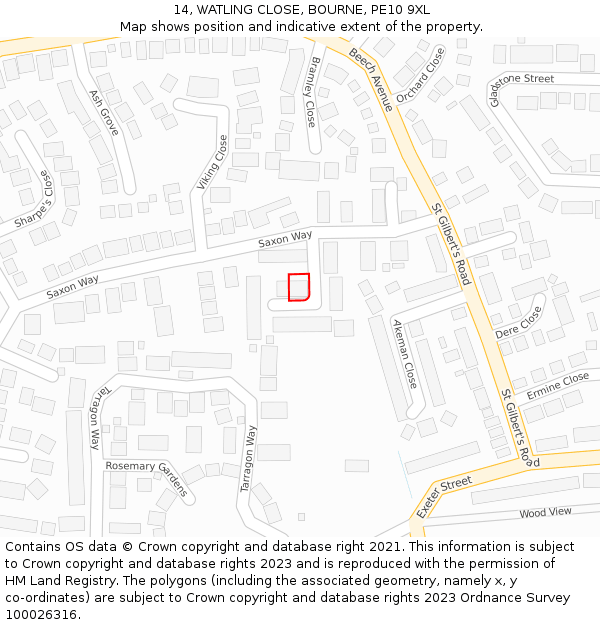 14, WATLING CLOSE, BOURNE, PE10 9XL: Location map and indicative extent of plot