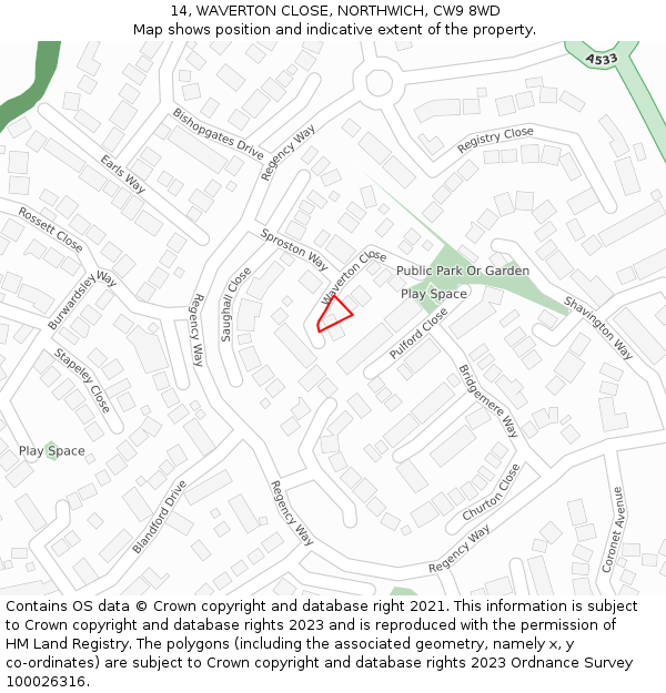 14, WAVERTON CLOSE, NORTHWICH, CW9 8WD: Location map and indicative extent of plot