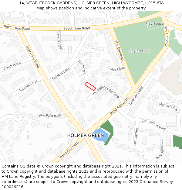 14, WEATHERCOCK GARDENS, HOLMER GREEN, HIGH WYCOMBE, HP15 6TA: Location map and indicative extent of plot