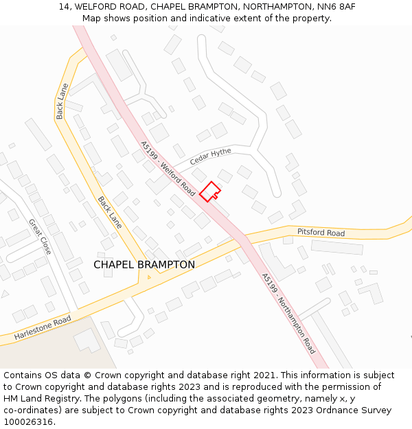 14, WELFORD ROAD, CHAPEL BRAMPTON, NORTHAMPTON, NN6 8AF: Location map and indicative extent of plot