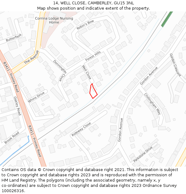 14, WELL CLOSE, CAMBERLEY, GU15 3NL: Location map and indicative extent of plot