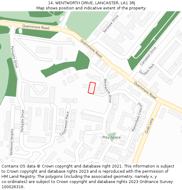 14, WENTWORTH DRIVE, LANCASTER, LA1 3RJ: Location map and indicative extent of plot