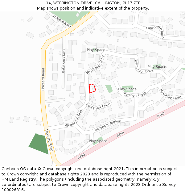 14, WERRINGTON DRIVE, CALLINGTON, PL17 7TF: Location map and indicative extent of plot