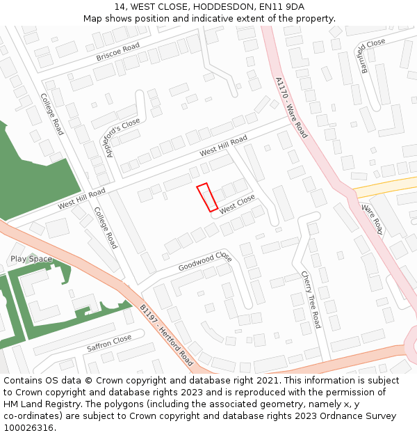 14, WEST CLOSE, HODDESDON, EN11 9DA: Location map and indicative extent of plot