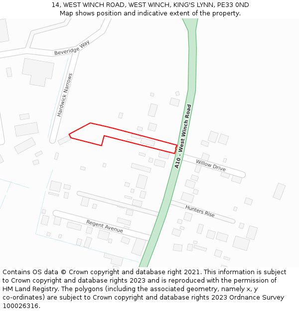14, WEST WINCH ROAD, WEST WINCH, KING'S LYNN, PE33 0ND: Location map and indicative extent of plot