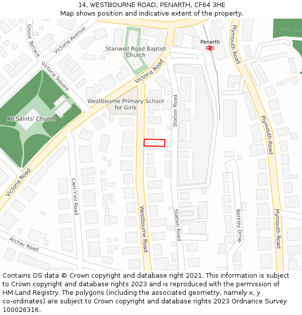 14, WESTBOURNE ROAD, PENARTH, CF64 3HE: Location map and indicative extent of plot