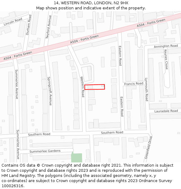 14, WESTERN ROAD, LONDON, N2 9HX: Location map and indicative extent of plot