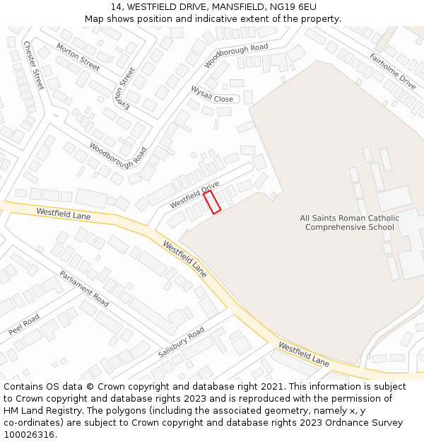 14, WESTFIELD DRIVE, MANSFIELD, NG19 6EU: Location map and indicative extent of plot