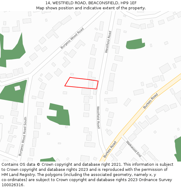 14, WESTFIELD ROAD, BEACONSFIELD, HP9 1EF: Location map and indicative extent of plot