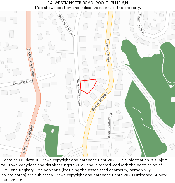 14, WESTMINSTER ROAD, POOLE, BH13 6JN: Location map and indicative extent of plot