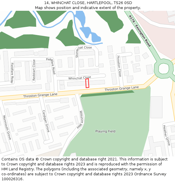 14, WHINCHAT CLOSE, HARTLEPOOL, TS26 0SD: Location map and indicative extent of plot