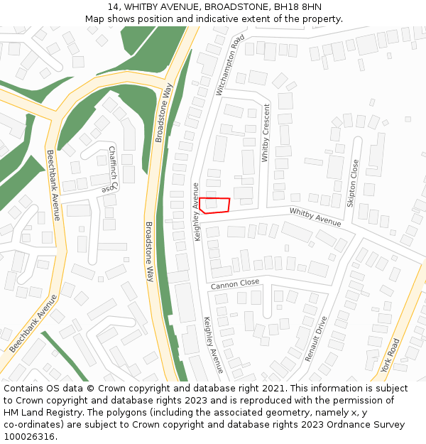 14, WHITBY AVENUE, BROADSTONE, BH18 8HN: Location map and indicative extent of plot