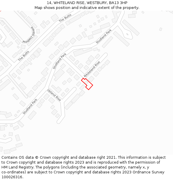 14, WHITELAND RISE, WESTBURY, BA13 3HP: Location map and indicative extent of plot