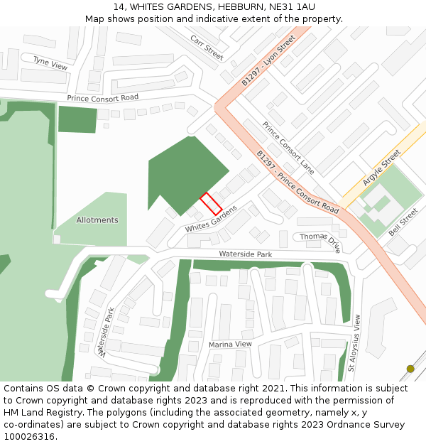 14, WHITES GARDENS, HEBBURN, NE31 1AU: Location map and indicative extent of plot