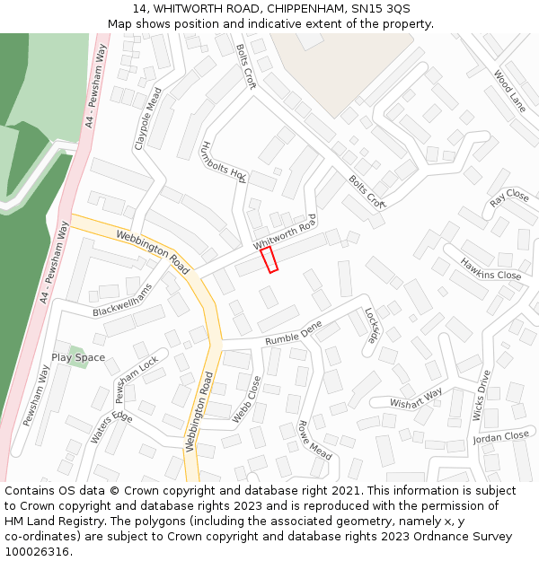 14, WHITWORTH ROAD, CHIPPENHAM, SN15 3QS: Location map and indicative extent of plot