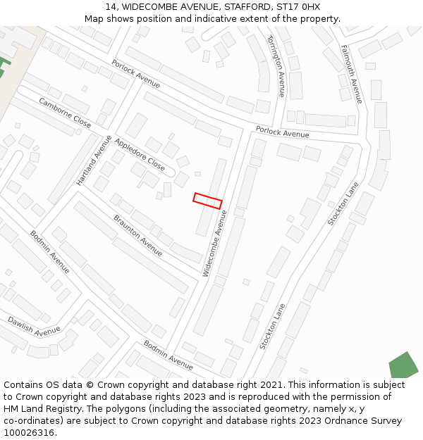 14, WIDECOMBE AVENUE, STAFFORD, ST17 0HX: Location map and indicative extent of plot